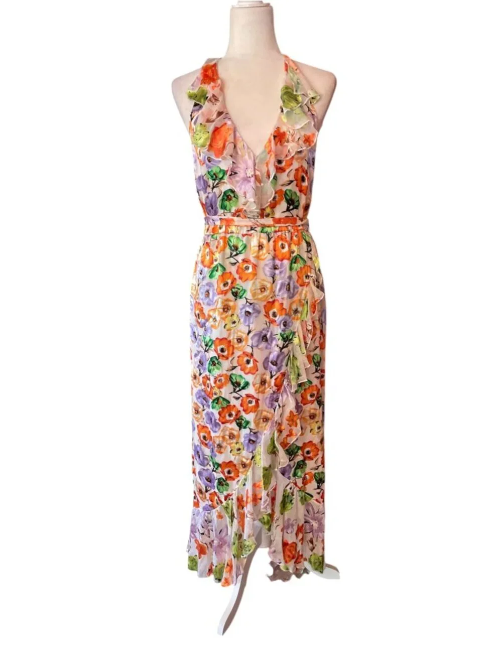 Alice + Olivia Evelia Floral Tie Waist Silk Blend Floral Dress SZ 8 Wedding - Picture 3 of 16